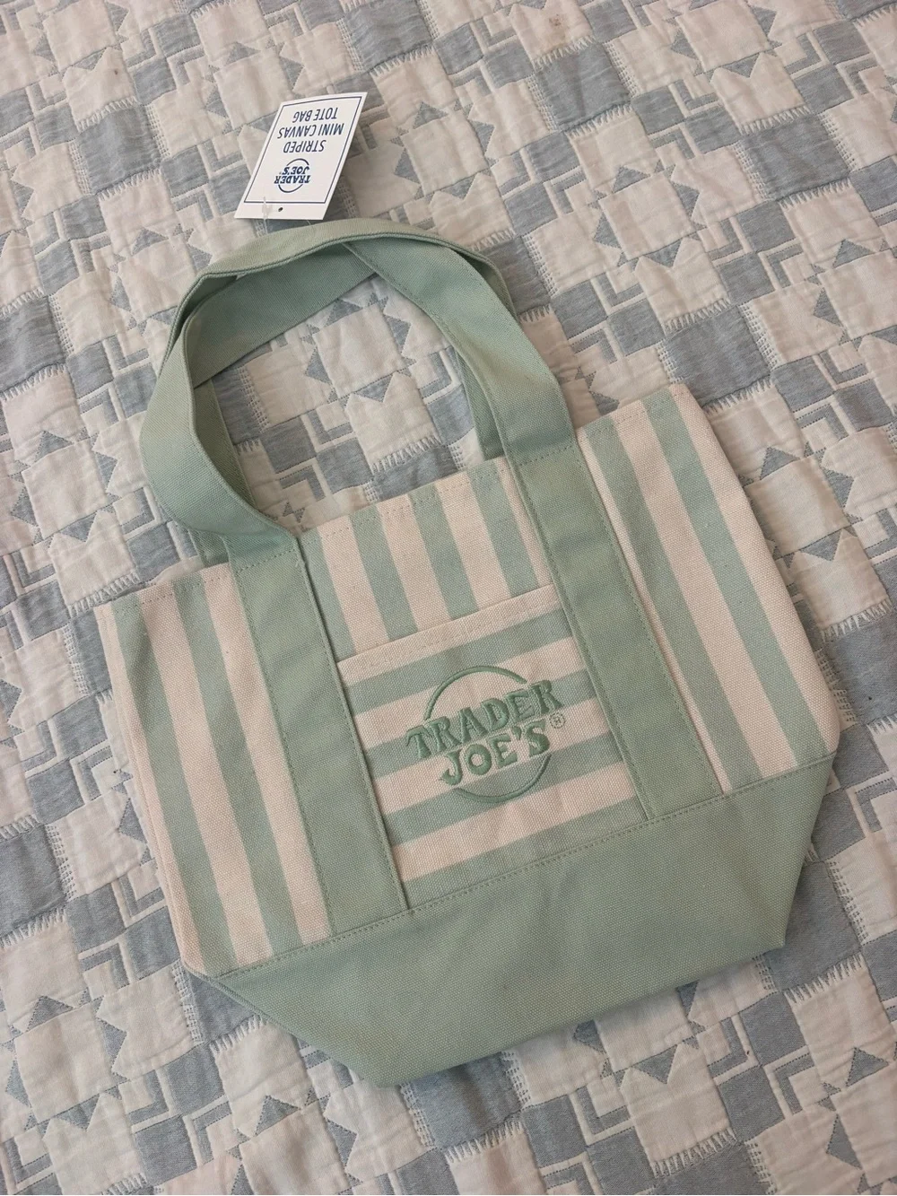 Trader Joe's Mint Green Stripe Canvas Tote